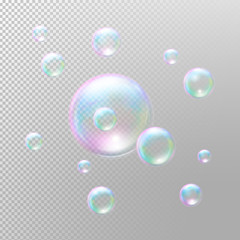 Soap bubbles. Realistic Soap bubbles. Transparent Soap bubbles. Soap bubbles 3D. Rainbow reflection Soap bubbles. Vector Soap bubbles
