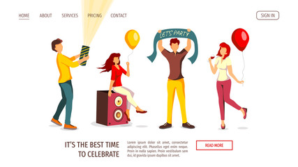 Web page design template for New Year, Christmas, Birthday party, holiday, festival. Cheerful people celebrating a holiday. Vector illustration for poster, banner, flyer, website.