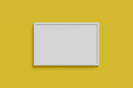 Horizontal simple mock-up picture frame white color hanging on a blank yellow wall simple interior. 3D rendering
