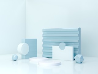 Minimal scene with podium and abstract background. Geometric shape. Blue winter colors scene. Minimal 3d rendering. Scene with geometrical forms and textured background. 3d render. 