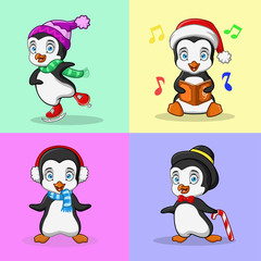 set of cartoon penguin christmas isolated on color background