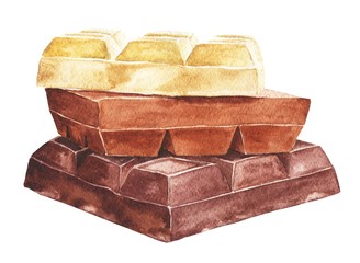 Watercolor chocolate bar stack isolated on white background. Hand drawn food illustration.