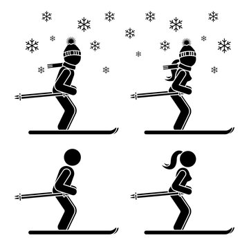 Skier man and woman skiing stick figure vector icon pictogram set. Winter snow fun sport leisure lifestyle holiday active game silhouette on white background