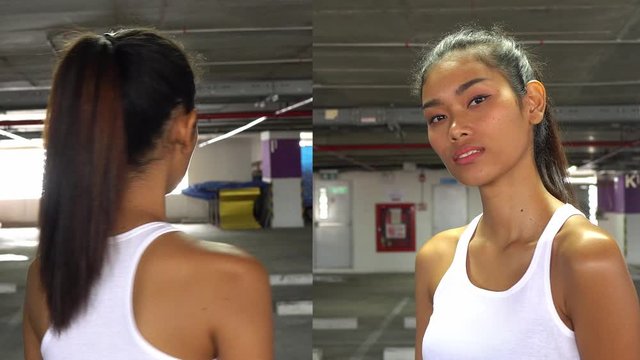 Teen model in split screen shoot poses for a modeling audition, turn around and pose