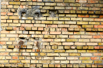 Urban background, ruined industrial brick wall whith copy space
