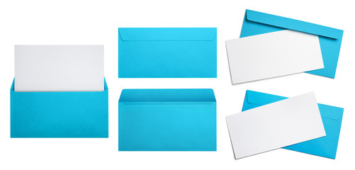 High-resolution set of blue envelopes, isolated on white background
