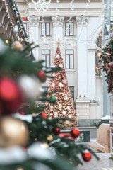 Festive Christmas illumination and decorations on streets of Moscow, Russia