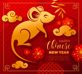 Fototapeta na wymiar Chinese new year celebration card, red and gold paper cut rat character, flower and asian elements. Vector illustration