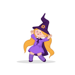 Funny girls on white background. Little witch vector character. Halloween kids costume party.