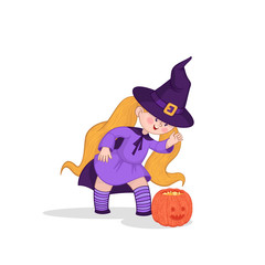 Funny girl on white background.  Cartoon girl with pumpkin and  candy. Little witch vector character.