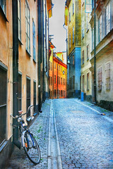 Charming colorful streets of old town in Stockholm, Sweeden