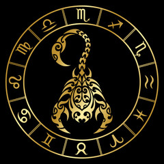 Zodiac sign scorpio and circle constellations in maori tattoo style. Gold on black background vector illustration isolated.