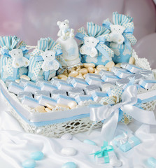 crochet tray of chocolates decorated in blue and white for baby boy celebrations