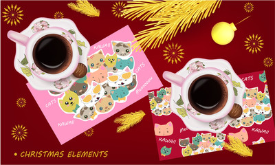 Banner in Kawaii style with cute, funny illustration, cup of coffee, golden pine branch, text, Christmas balls on a red background