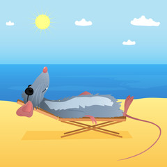 Funny Rat in sunglases with a long pink tail is relaxing and sleeping on the sunbed near the sea.