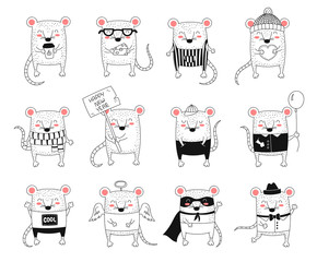Vector line drawing cute rats. Creative collection of funny mice for New 2020 Year.