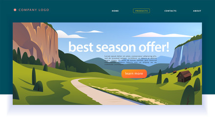Vector landing page design template with beautiful flat canyon mountains village, road trip landscape illustration. Special offer, vacation discount banner concept. For travel agency, touristic firm.