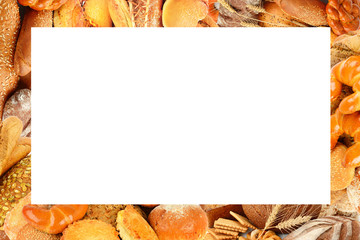 Bread and bakery products isolated on white. Collage.