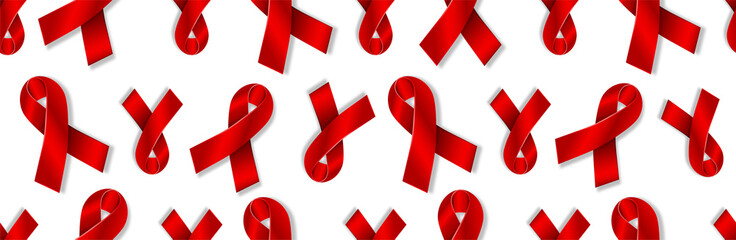 AIDS Day Seamless Pattern. Realistic Red Awareness Ribbon to World AIDS Day 1 December. HIV medical cover isolated on white. 3D Prevention Campaign web header, flyer, frame, announcement, add
