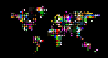 World map graphic patterned on a black background