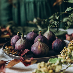 On a plate a beautiful Fig among the autumn decor