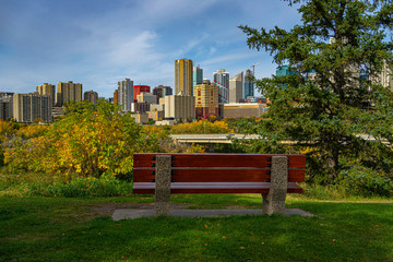 Beautiful view of downtown Edmonton, Alberta, Canada from the park on the opposite side of North...