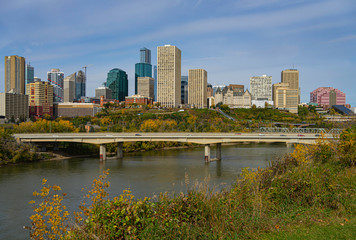 Fototapeta na wymiar Panoramic view of downtown Edmonton, Alberta, Canada. Taken on a sunny day in early Autumn. 
