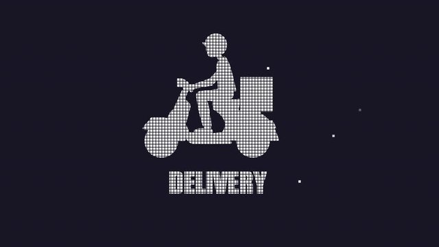 Animation emblem delivery. Scooter with driver consisting of pixels, video with included alpha channel. Cartoon