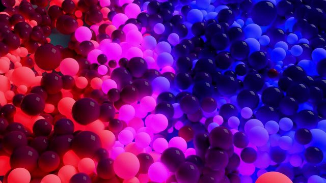 dark composition with colorful balls that cover the surface, some of which glow. 3d in 4k abstract background with flowing animation of spheres