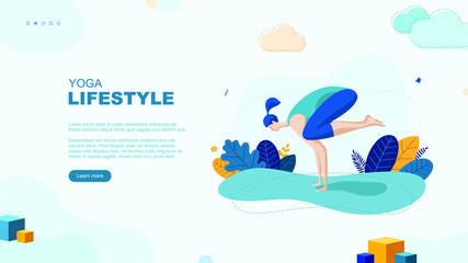 Trendy flat illustration. Yoga Lifestyle page concept. Girl doing yoga. Activity. Fitness. Template for your design works. Vector graphics.