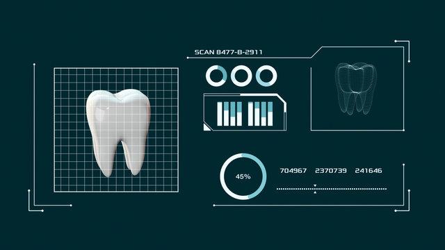 human tooth and a scan software interface, concept of dentistry and technology (3d render)