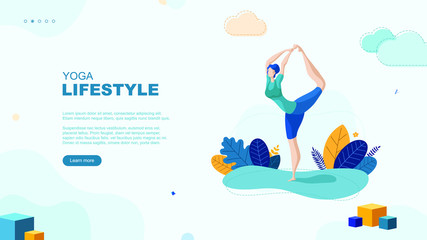 Trendy flat illustration. Yoga Lifestyle page concept. Girl doing yoga. Activity. Fitness. Template for your design works. Vector graphics.