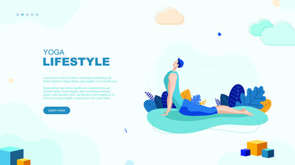 Trendy flat illustration. Yoga Lifestyle page concept. Man doing yoga. Activity. Fitness. Template for your design works. Vector graphics.