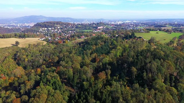 Aerial 4K view Leonding-Linz at the beginning of a autumn