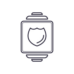 Outline icon of vector smartwatch with shield shape. Protection and safety watch screen concept line illustration