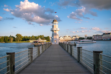 Orlando, Florida. October 11, 2019. Panoramic view of lighthouse and pier at Lake Buena Vista 87.