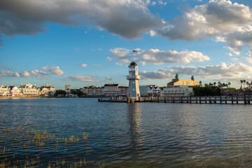 Orlando, Florida. October 11, 2019. Panoramic view of lighthouse and pier at Lake Buena Vista 88
