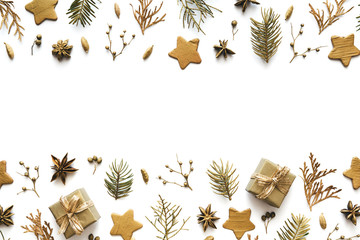 Gold Christmas Ornaments On White Background With Copy Space