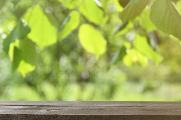   Image of grey wooden table in front of abstract blurred background of trees on a green meadow