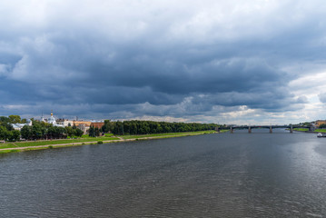 Summer panoramic view of the embankment of Volga River with the Church of the Three Confessors in Tver, Russia.