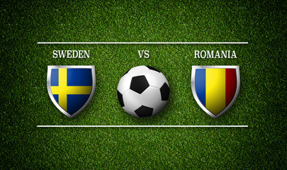 Football Match schedule, Sweden vs Romania, flags of countries and soccer ball - 3D rendering