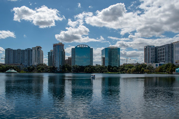 Orlando, Florida. October 12, 2019. Panoramic view of buildings in Lake Eola Park area 1.