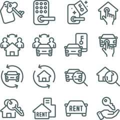 Rental Real Estate Auto mobil icons set vector illustration. Contains such icon as Car rental, Key card and more. Expanded Stroke