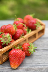  Strawberries on a wooden table, outdoors on a green blurred background of leaves and trees