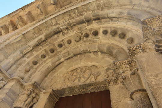 Entrance of the Church of Santa Maria, Santa Cruz de la Seros. Huesca. Aragon, Spain