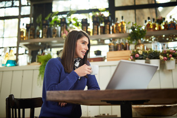 Fototapeta premium Attractive caucasian brunette in sweater sittingg in cafe and grinking coffee. On table is laptop.