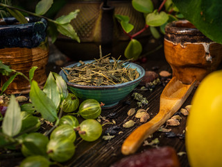 Preparation of the tea ceremony, tea in the bowl. Handmade cups