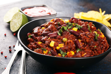 Hot chili con carne. mexican food tasty and spicy with red beans