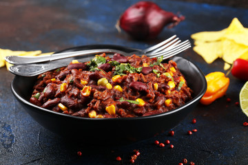Hot chili con carne. mexican food tasty and spicy with red beans