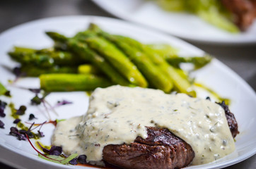 grilled beef with gorgonzola sauce & fresh asparagus